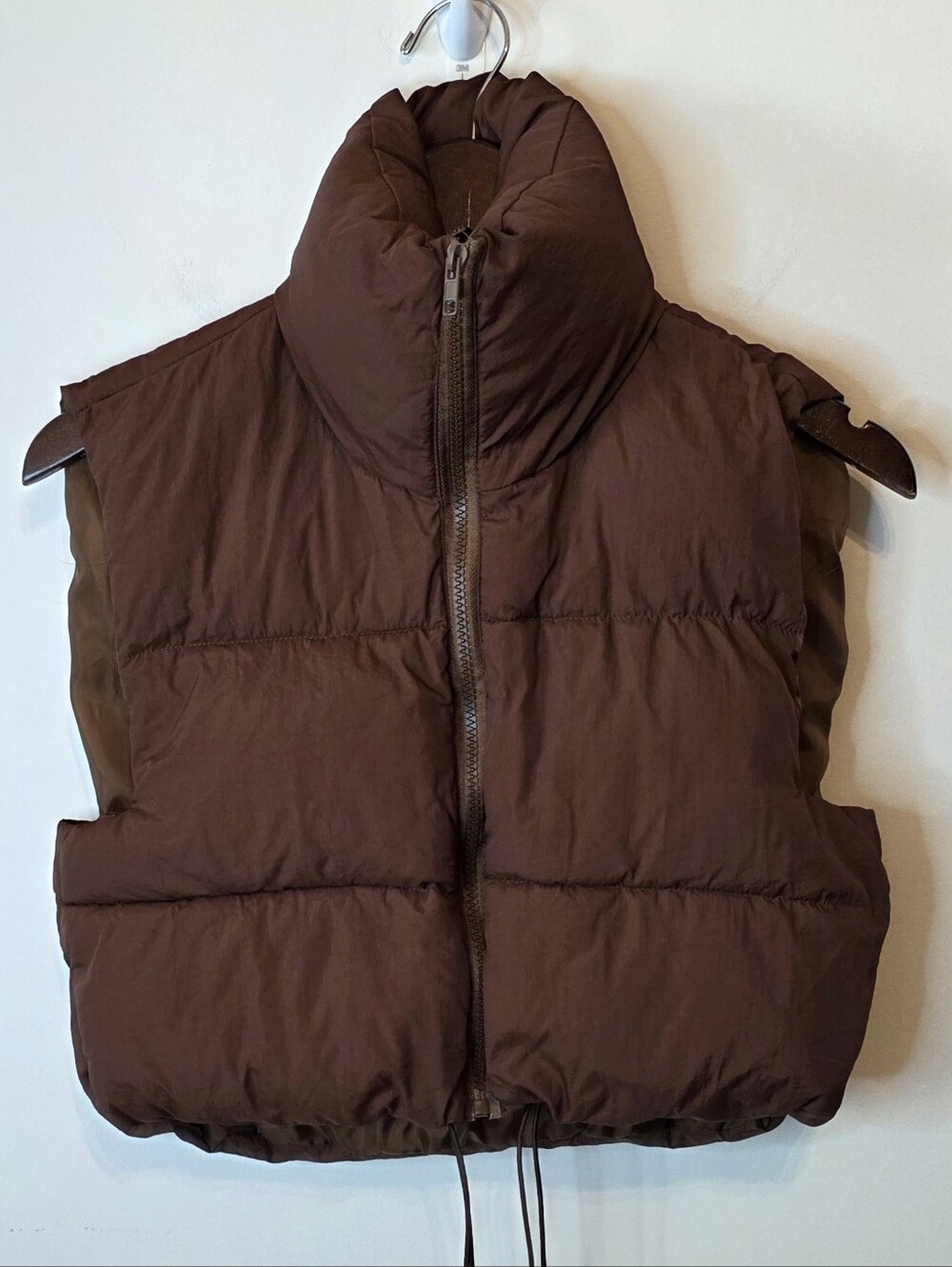 Brown Cropped Puffer Vest Full Stand Collar Drawcord Hem Size Small